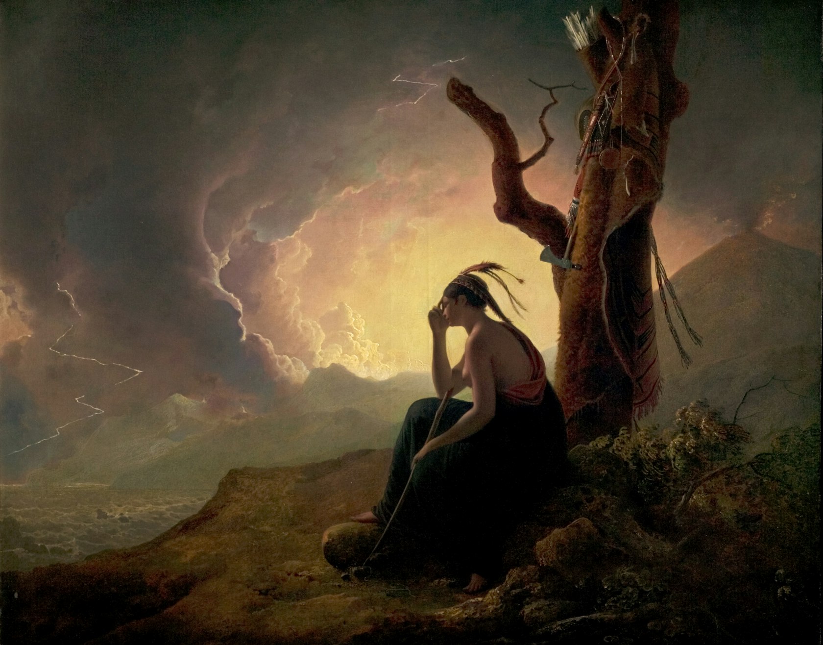 The Widow of an Indian Chief watching the Arms of her Deceased Husband Joseph Wright, oil on canvas, exhibited 1785. Credit, Derby Museums Trust.