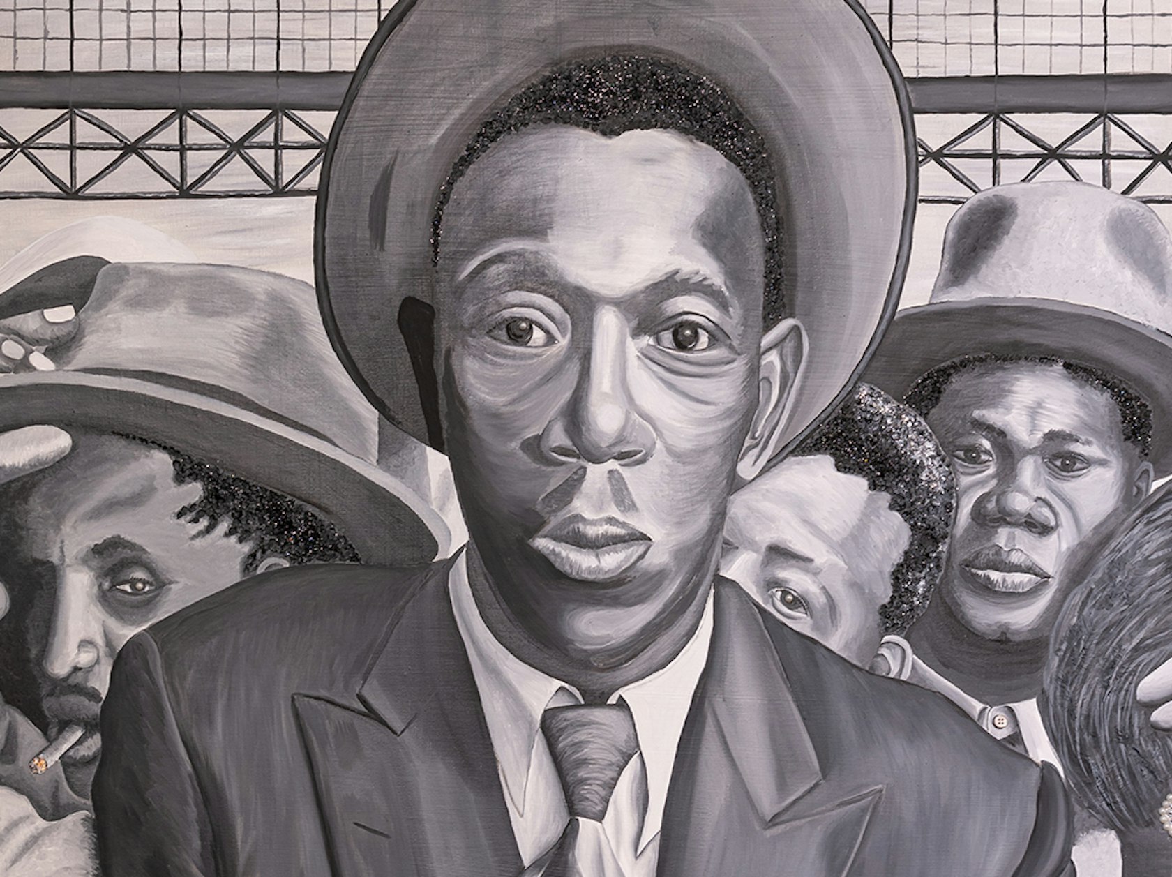 Grandad, tell me your story (detail) by Samantha Hudson aka Sam Carnival, oil and mixed media on canvas, 2021 (c) Oliver Taylor-Derby Museums – landscape crop