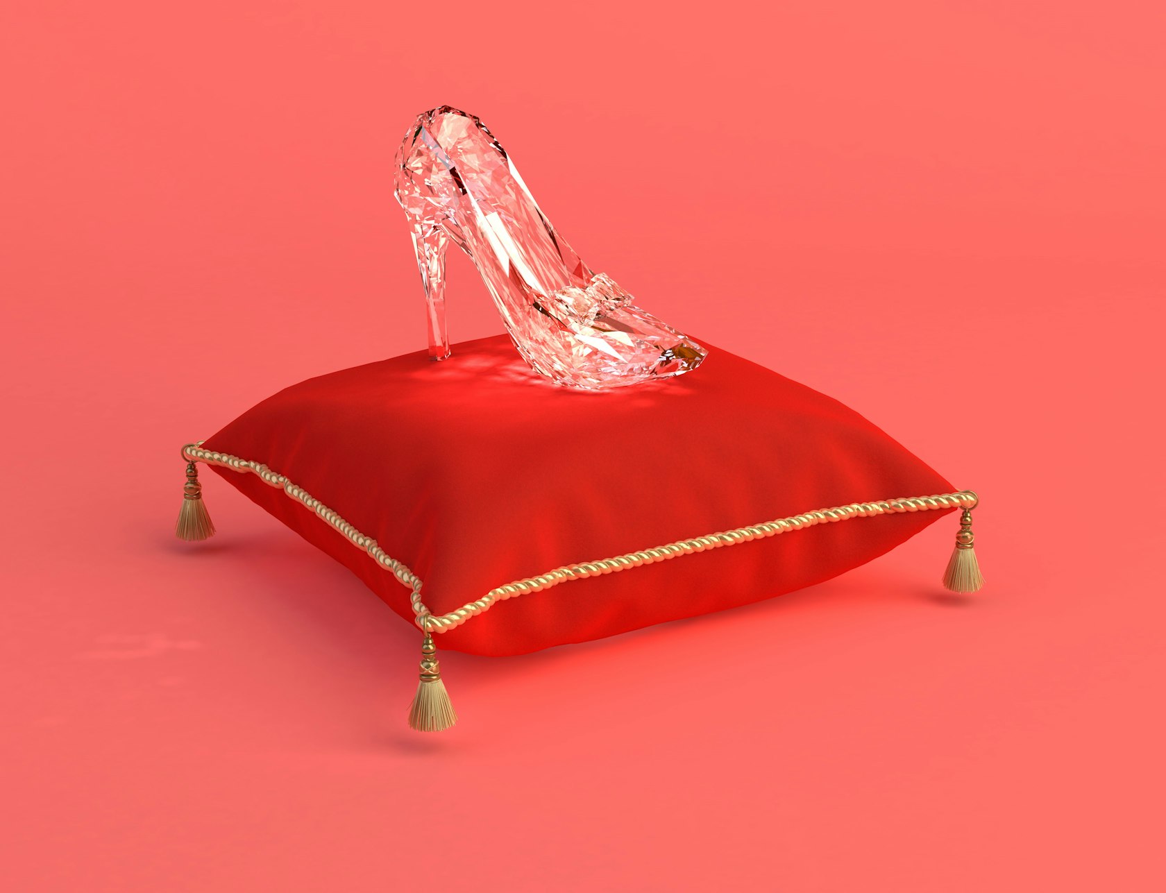 3d-illustration,Of,Cinderella&#8217;s,Glass,Slipper,On,A,Pink,Coral,Background.