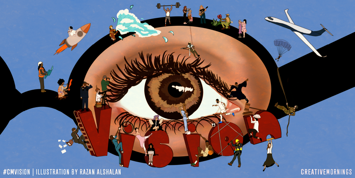 Illustration of large eye with glasses surrounded by characters doing various activitites