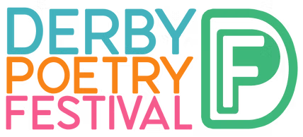 Derby Poetry Festival logo in Green, orange and pink text with a D icon next to the text